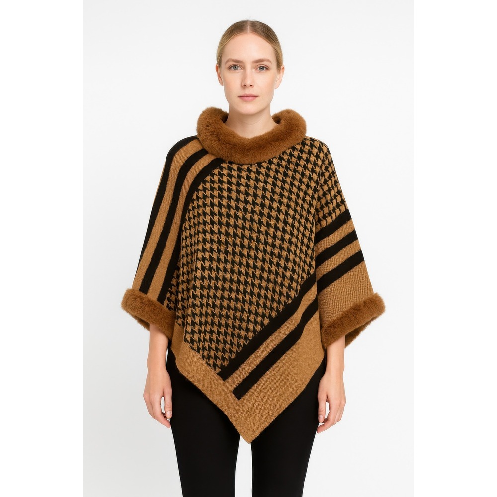 Women's Houndstooth Fur Trim Poncho Cape Brown Black Elegant‎ Winter Outerwear